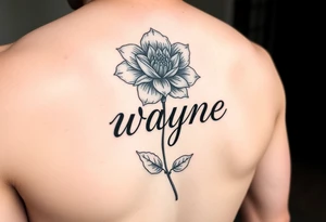 flower with a stem going into the name wayne in cursive on rib cage tattoo idea