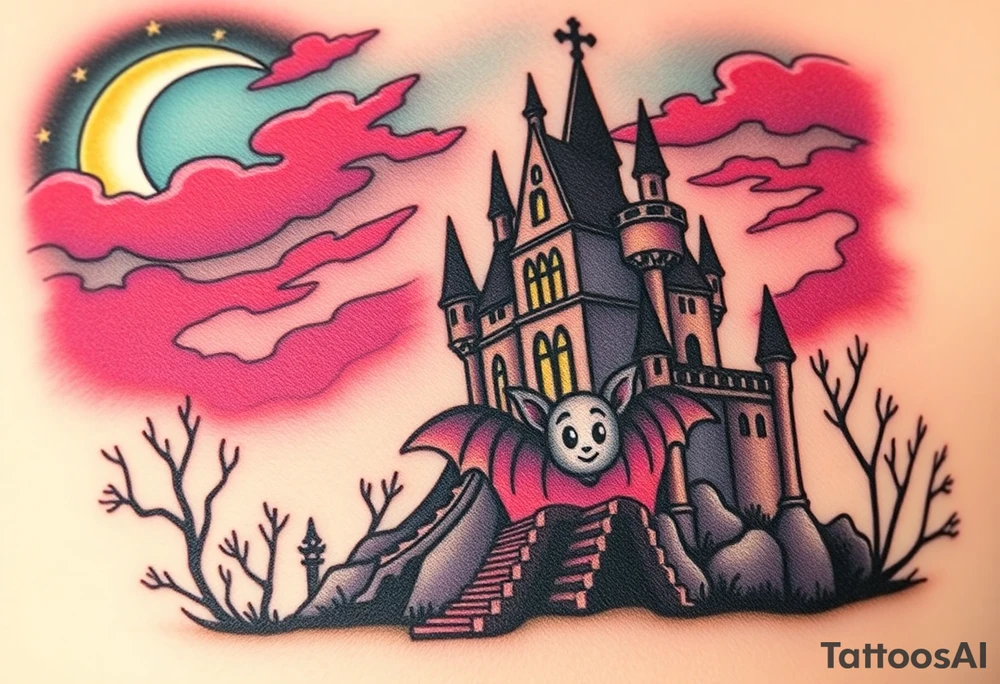 Tim Burton’s haunted castle is abandoned and dripping with muted reds, dusty pinks, and eerie green glow.purple and cyan smokey clouds swirl in the crescent moonlit sky thats sprinkled with stars under the castle an adorable kawaii bat spreads its wings tattoo idea tattoo idea