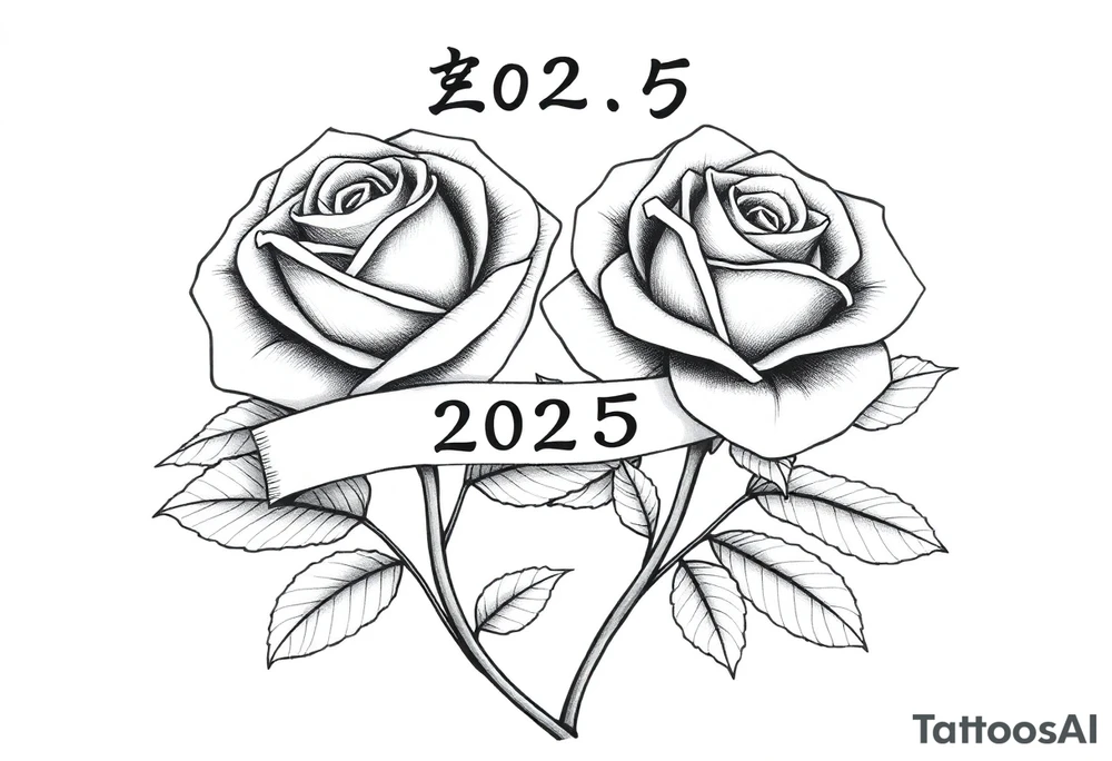two beautiful large rose buds, one larger than the other, with many leaves next to the rose buds, with one sitting higher than the other. Include a banner connecting the two roses with "2025" on it.  The word "Rose" written in Kanji above the drawing.  Use dark outlines with little shading. The two stems should be short, not long, and connect and join into one stem, whimsically curved or twisted - not straight down. tattoo idea
