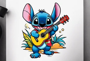 Stitch tattoo on arm under shoulder that is the version of stitch where he’s dressed up like Elvis playing a ukulele on a beach tattoo idea