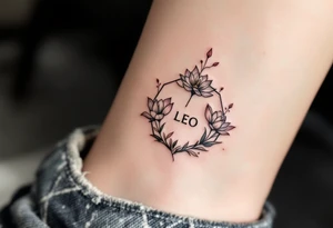 Leo sign, larkspur and water lily surrounded by a hexagon tattoo idea