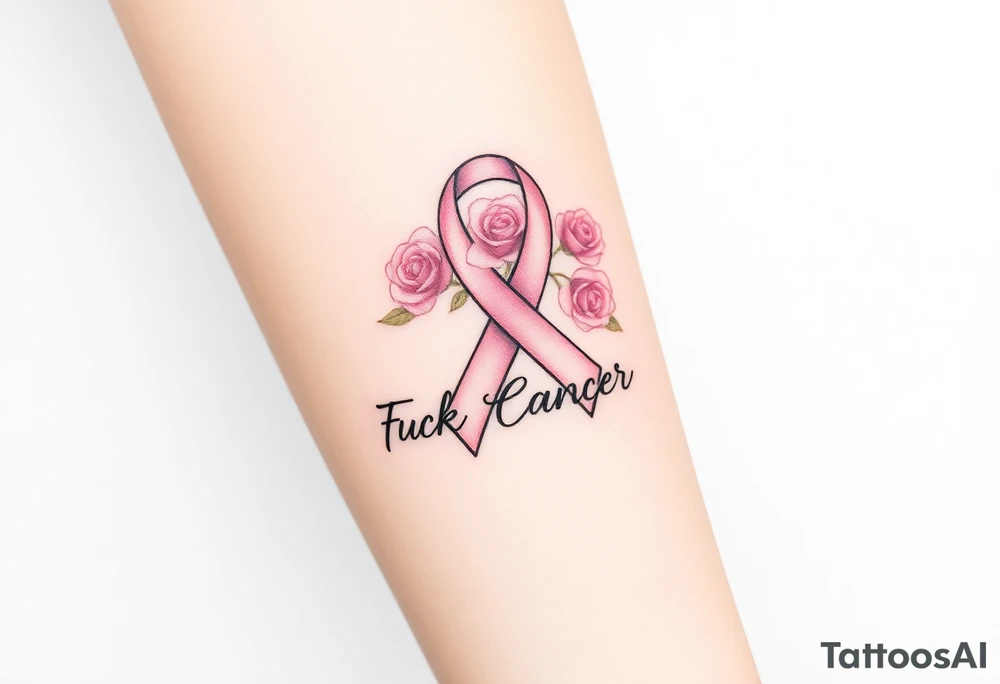 Breast Cancer ribbon that says "Fuck Cancer"with 3 light pink roses tattoo idea