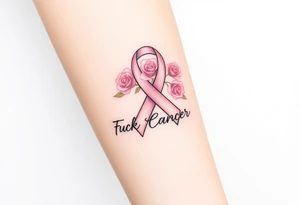Breast Cancer ribbon that says "Fuck Cancer"with 3 light pink roses tattoo idea