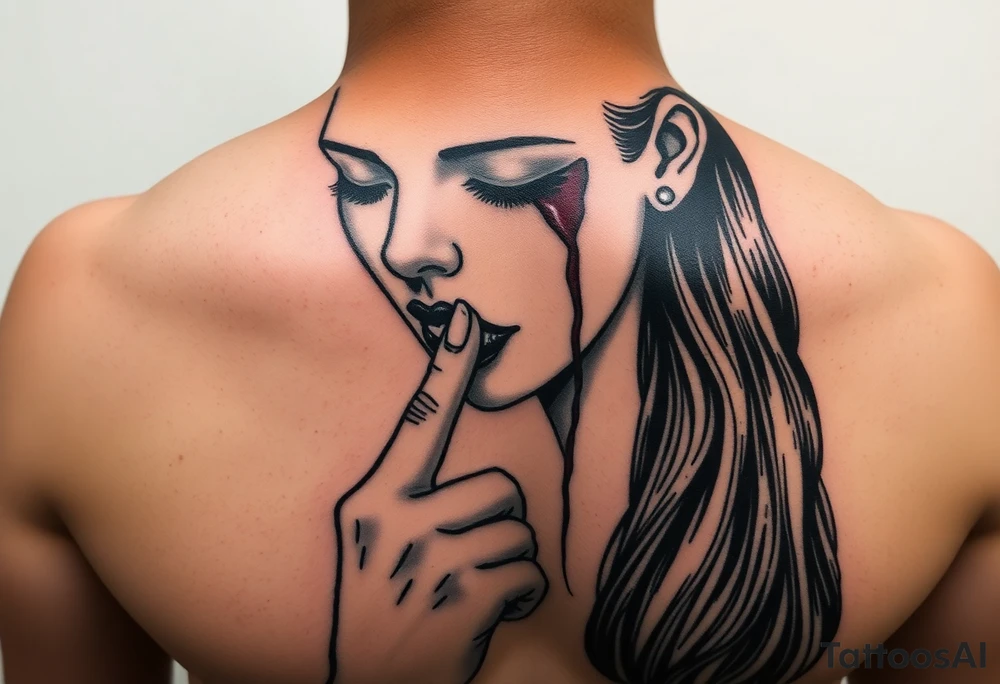 Women that's looking down with her eyes closed shut and her index finger to her mouth and has both of her ears bleeding with the blood dripping down her face as her long hair flows down the side of her back and chest tattoo idea