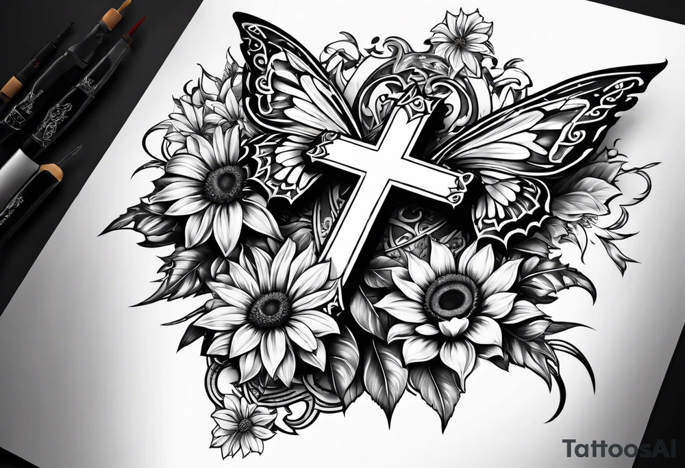 Winged cross with sunflower and butterflies tattoo idea