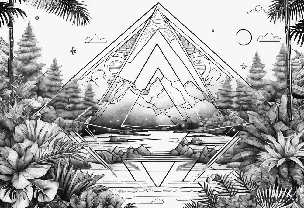 thick line art of space and jungle in triangle shape tattoo idea