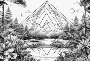 thick line art of space and jungle in triangle shape tattoo idea