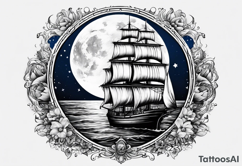 bateau, phare maritime et lune bleu tattoo idea
