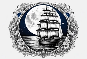 bateau, phare maritime et lune bleu tattoo idea