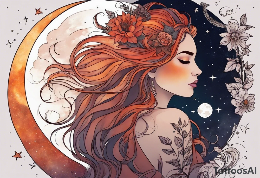 women turning to her side with a leo zodiac symbol on her forehead, lion scar on her eye and stars, moon and sun floating behind her back Recreate similar versions of this tattoo image however at the bottom instead of plants have her blend away like a smoke effect, you can use Stars or clouds to help fill in space. Also have a somewhat Smokey red line wrapping going from the back of the neck to the pinky and overlapping the woman tattoo as well tattoo idea