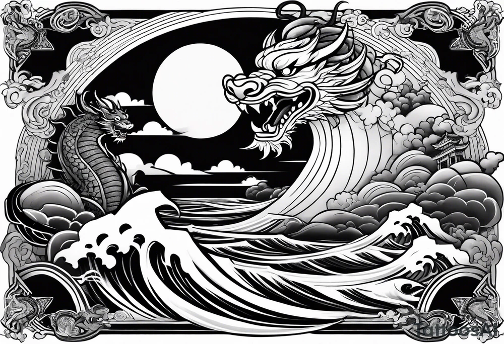 A strip with a japonese dragon, a samurai, an oni and a tiger with waves bellow and clouds above with the sun and the moon tattoo idea