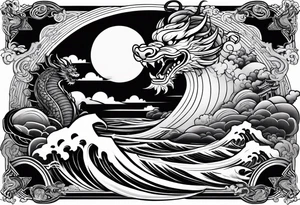 A strip with a japonese dragon, a samurai, an oni and a tiger with waves bellow and clouds above with the sun and the moon tattoo idea