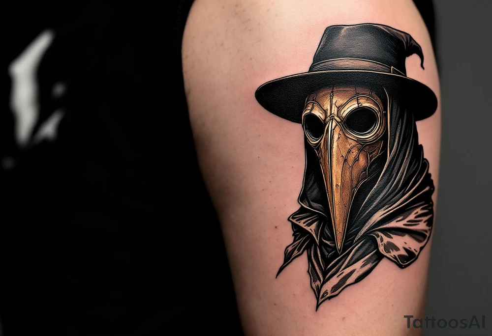 Renaissance-Inspired Plague Doctor – A highly detailed, old-world-style illustration of a plague doctor with a weathered brown leather mask, a black hat, and deep folds in the cloak, resembling classic Renaissance etchings. tattoo idea
