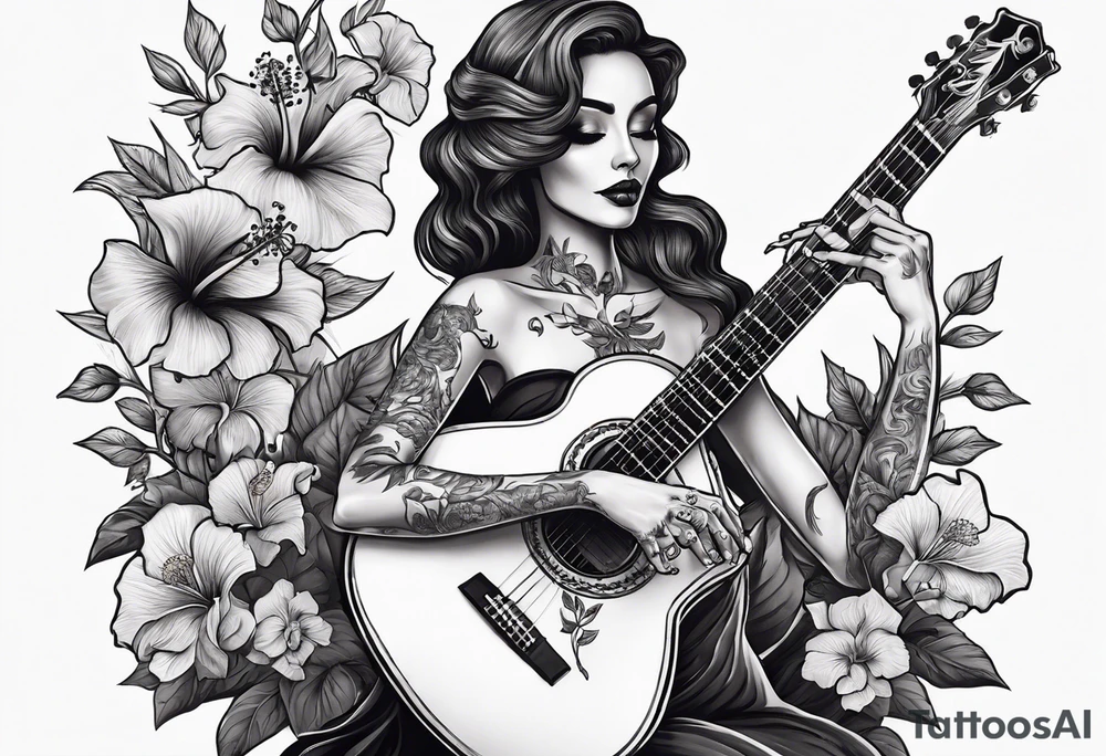 a female skeleton holding a hibiscus flower and a male skeleton playing a guitar. tattoo idea