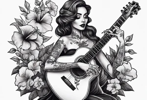 a female skeleton holding a hibiscus flower and a male skeleton playing a guitar. tattoo idea
