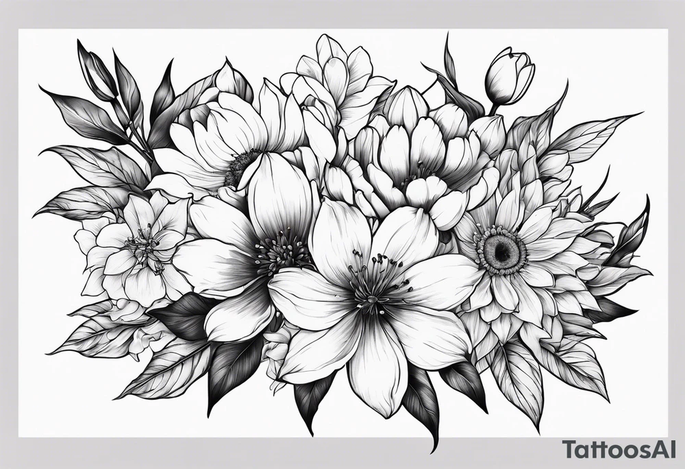 Simple Floral design cherry blossom, peony, sunflower, tulip, lily tattoo idea