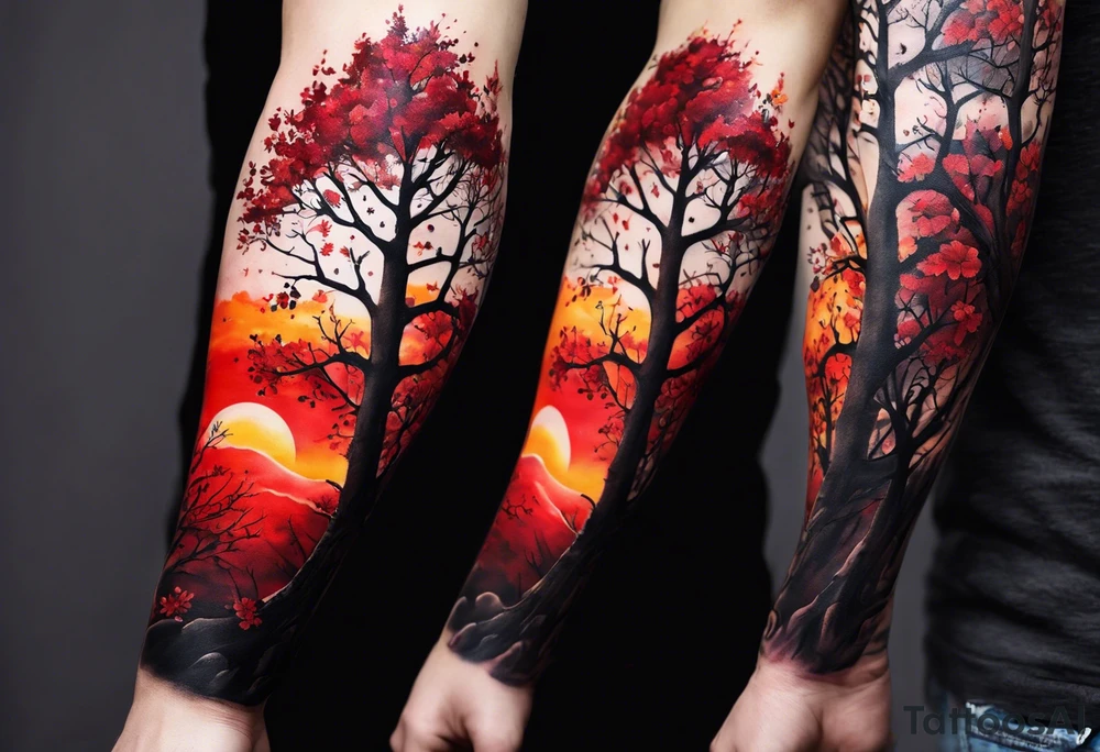 trash polka style. Arm tattoo. Long tattoo. Full sleeve. Shoulder. A single large maple tree with red autumn leaves that branches upwards from wrist to shoulder. White-throated dipper bird on the trees branches. Calluna flowers at the base of the trees stem. Tree stem has dark colors. Red/yellow sunset behind the trees stem. Leaves falling. tattoo idea