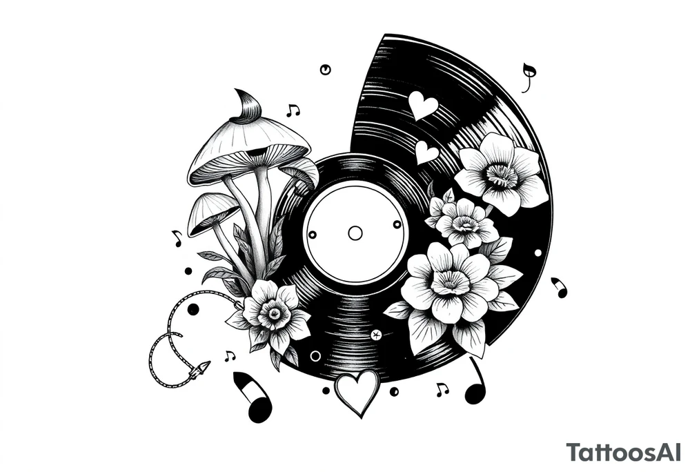 vinyl record with mushrooms, flowers, hearts, and music notes tattoo idea