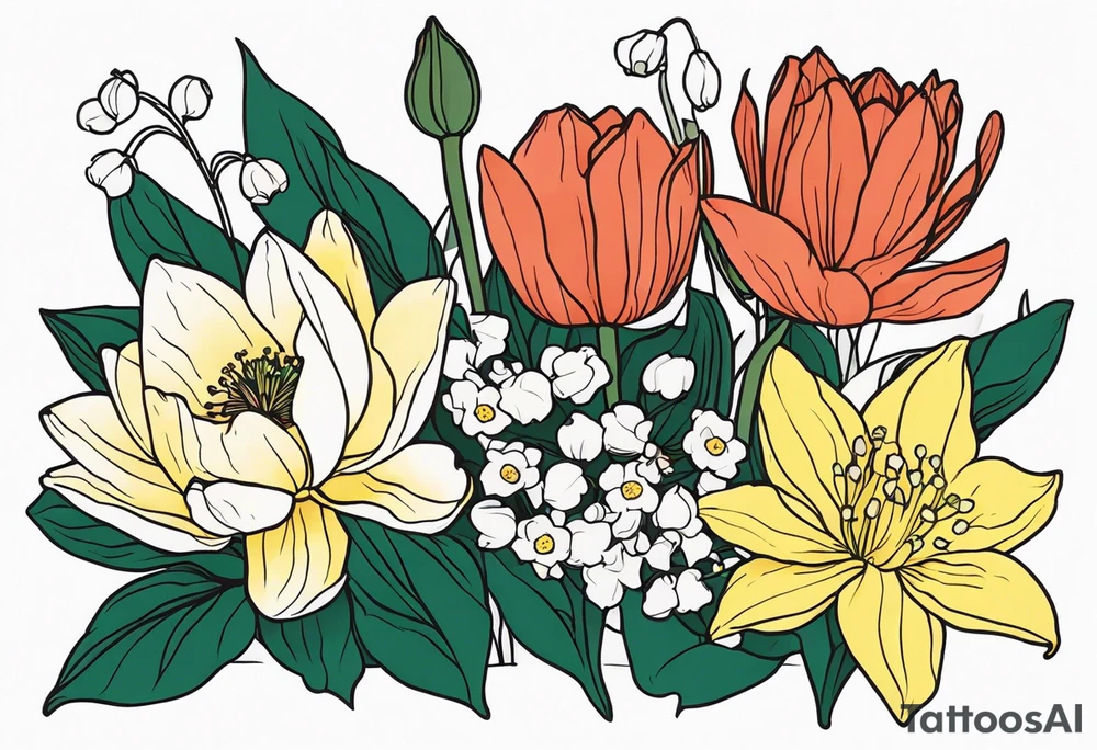 Poppy, water lily, Lily of the valley, daffodil, flower bouquet, portrait style tattoo idea