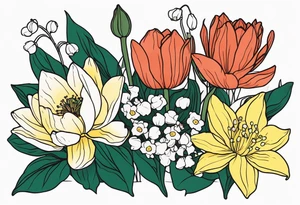 Poppy, water lily, Lily of the valley, daffodil, flower bouquet, portrait style tattoo idea