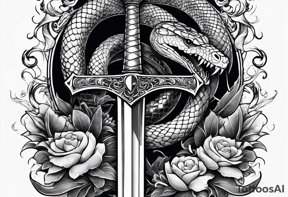 Sword with snake and flowers wrapped around it tattoo idea