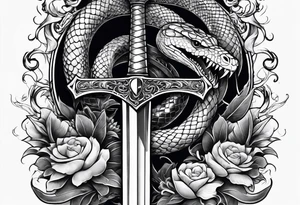 Sword with snake and flowers wrapped around it tattoo idea