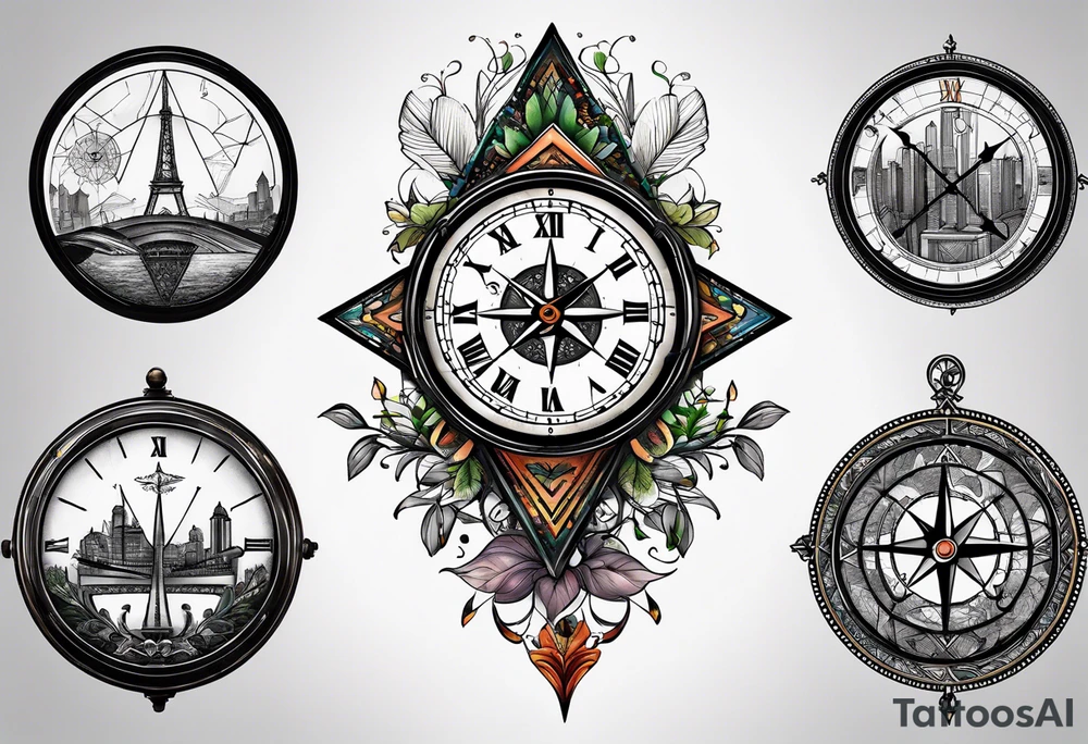 half compass half clock with arrow in the middle; nature on one side, cityscape on one side tattoo idea