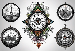 half compass half clock with arrow in the middle; nature on one side, cityscape on one side tattoo idea