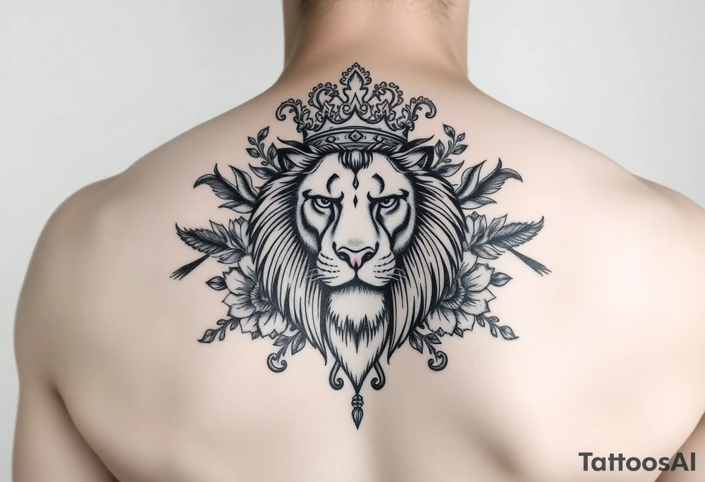 powerful majestic lion with a crown, surrounded by floral ornaments and birds tattoo idea