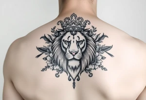 powerful majestic lion with a crown, surrounded by floral ornaments and birds tattoo idea