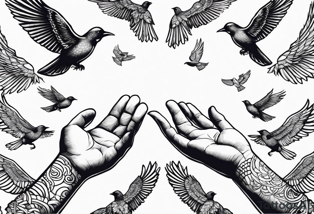 Hands reaching out to sky hands reaches back clouds birds angel baby unisex tattoo idea