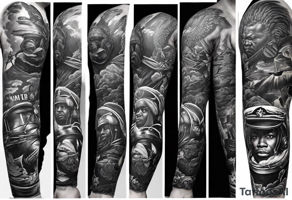 Full Leg sleeve. Red Tails African American Air Force, Buffalo Soldiers African American Army and Uss Mason African American Navy tattoo idea