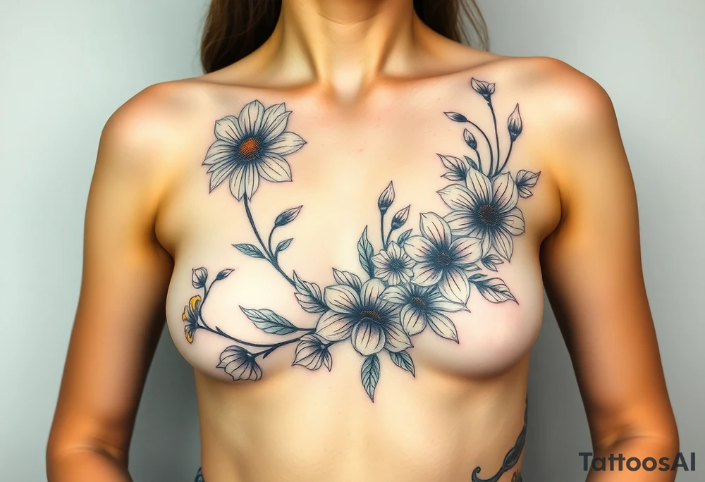 This is a tattoo of a string of flowers in bloom and is on a woman. It starts on her left side of the chest on the pectoral with a Glaiolus and Daisy pushed together. The tattoo rises over the left shoulder and down the arm and ends at the elbow. The tattoo will feature a primroses, Calla Lilys, and Lillys. They can have multiple flowers but 1 of each will pop with shading and be colored in. tattoo idea