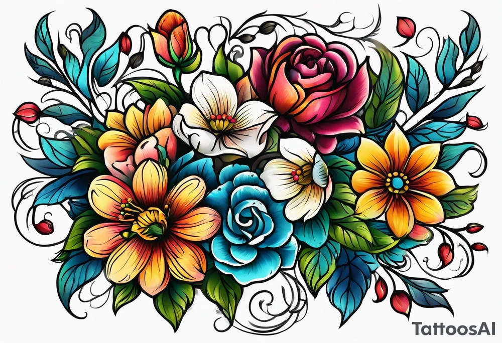 vintage colorful floral print tattoo idea