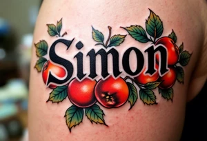 Simon in a bold, classic font, framed by vibrant red apples and green leaves. tattoo idea