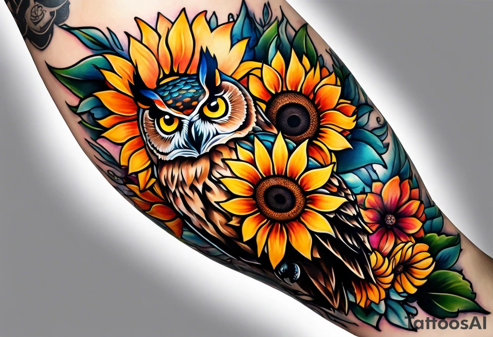 Leg sleeve with colorful sunflowers and an owl tattoo idea