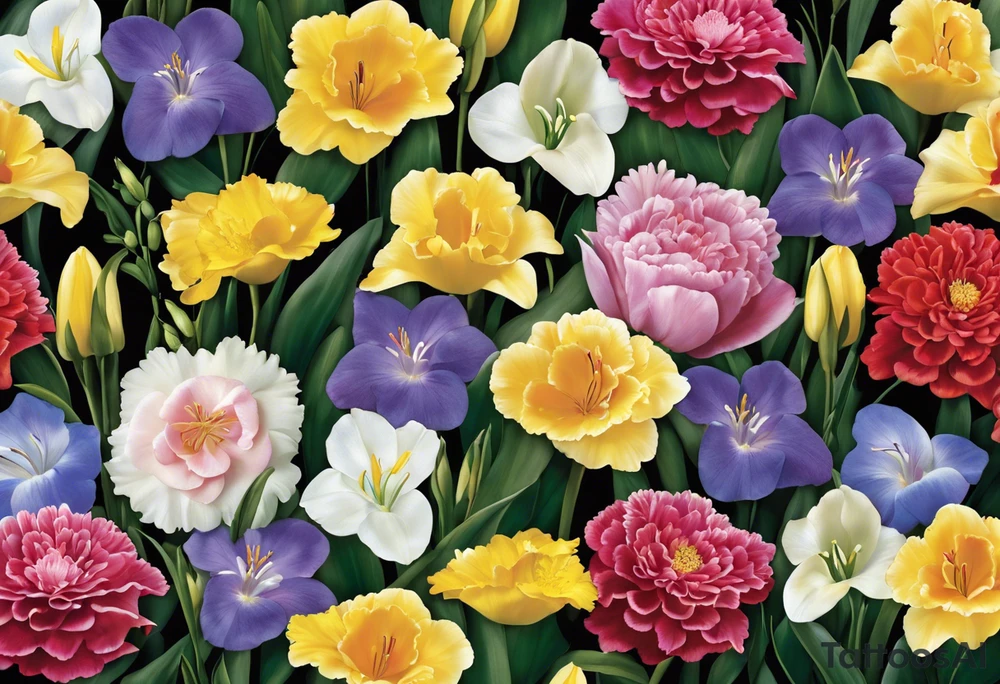 Humingbird made out of Carnation, Snowdrop, Violet, Primrose, Daffodil, jonquil, Lily of the Valley, Hawthorne, Rose, Honeysuckle, Larkspur, Water Lily, Gladiolus & Poppie, Aster, Morning Glory, Chrysanthemum,  Peony, Holly, Narcissus tattoo idea