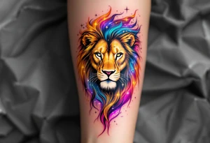 A Leo zodiac symbol and vivid leo star constellation rests between the eyes of a golden lion whose mane dissolves into a trail of starlit purple and blue. tattoo idea