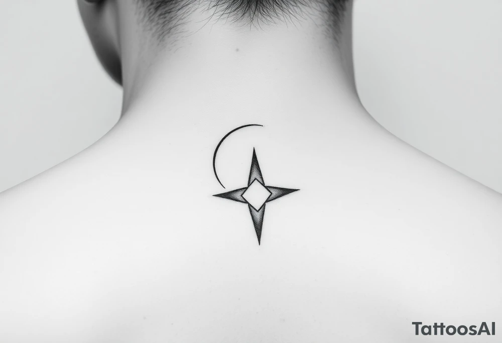 A minimalist crescent moon neck tattoo with a sleek, modern design. The crescent moon is positioned at the top, curving to the left, with a thin, clean line. Below the moon, there is a vertical line intersected by a sharp, star-like shape with four points. The star shape has elongated top and bottom points, giving it a clean, symmetrical look. The tattoo is placed behind the ear, following the natural curve of the neck. The lines are crisp and delicate, creating a stylish, celestial vibe." tattoo idea