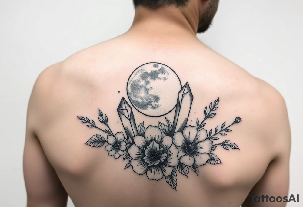 crystals and the moon and flowers tattoo idea