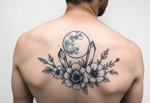 crystals and the moon and flowers tattoo idea