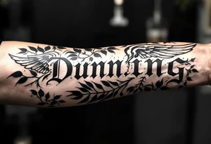 Dunning,on left forearm details include angel wing, greek type of font,jungle leaves , tiger claw scratch tattoo idea