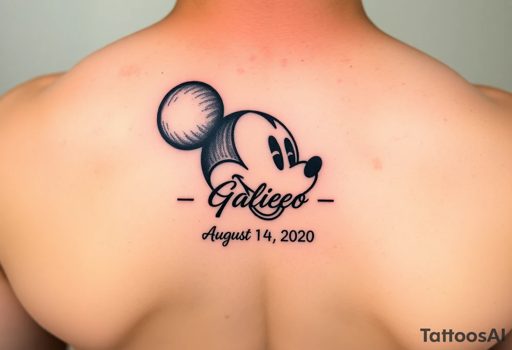 mickey mouse symbol with the name Galileo and the date August 14,2020, incorporated tattoo idea
