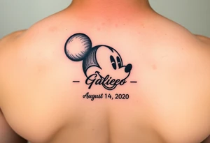 mickey mouse symbol with the name Galileo and the date August 14,2020, incorporated tattoo idea