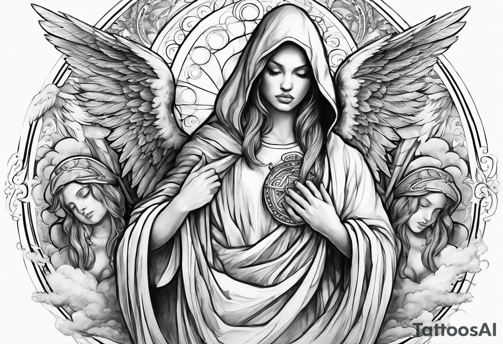 one big hooded angel with 3 angels flying in the back with shading and clouds tattoo idea