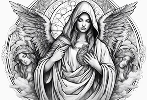 one big hooded angel with 3 angels flying in the back with shading and clouds tattoo idea
