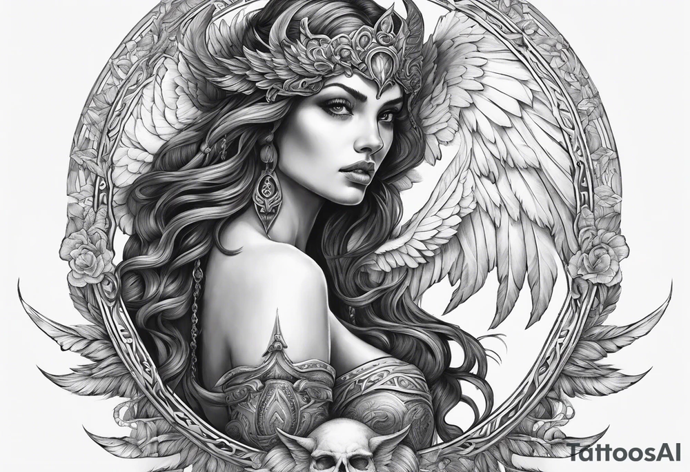 Creepy half angel half demon, make it more like Greek mythology tattoo idea