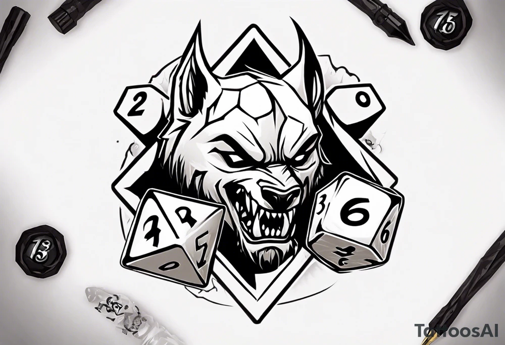 A 20 sided Dice with numbers and wolverine claw marks framing the underneath of the dice and a werewolf in the background tattoo idea