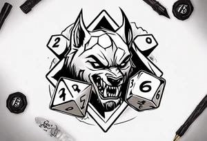 A 20 sided Dice with numbers and wolverine claw marks framing the underneath of the dice and a werewolf in the background tattoo idea