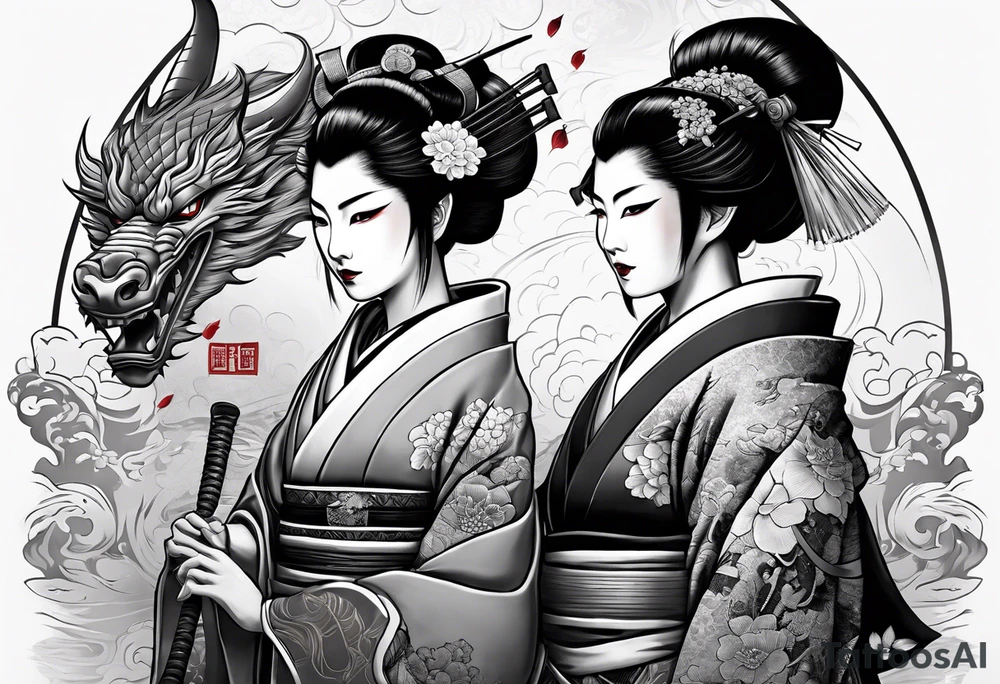 geisha in samurai armor, wearing an odashi in her hand and an oni mask on her belt, with a dragon in the background tattoo idea